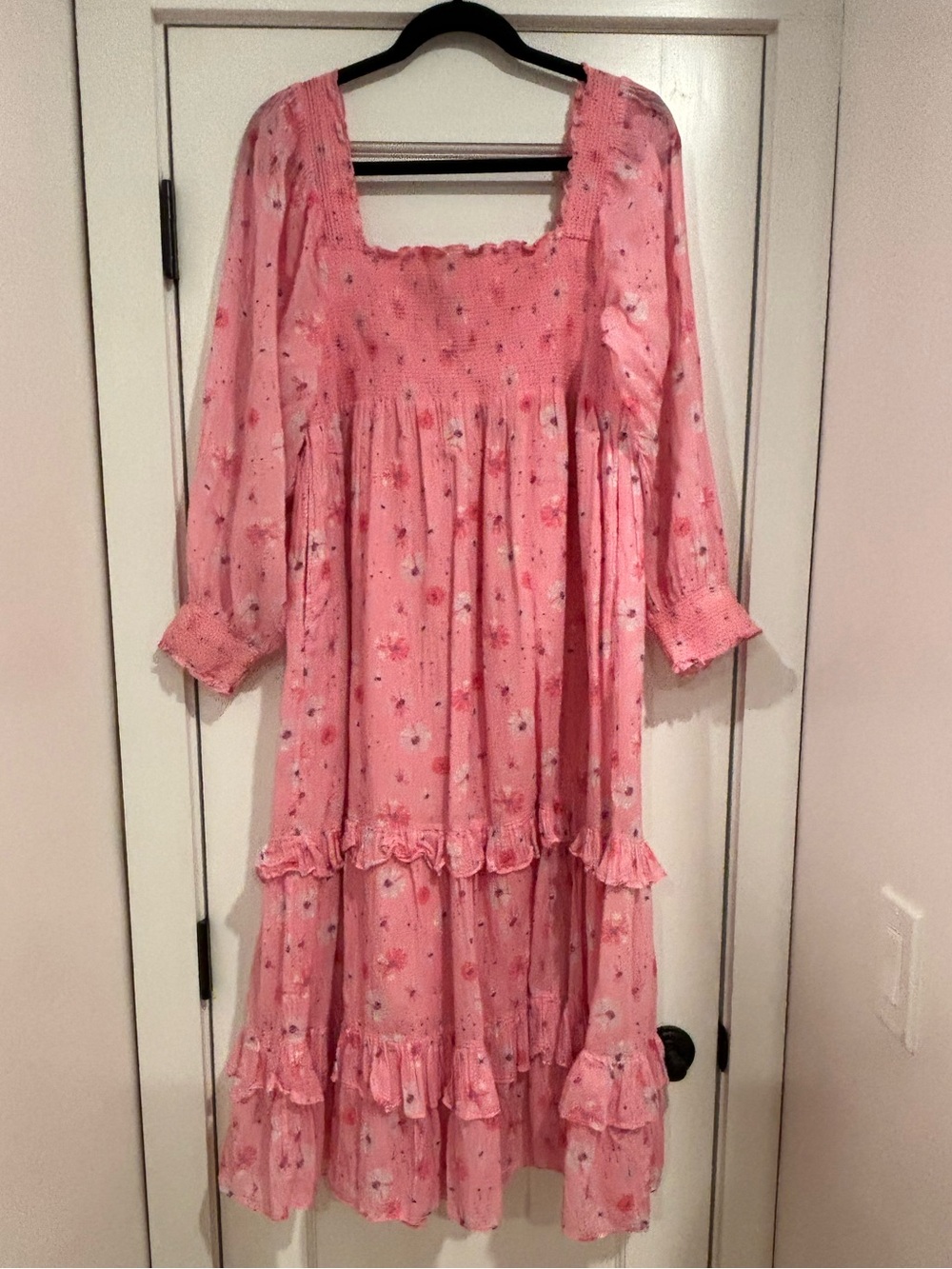 LoveShackFancy Miri Dress Coral Blaze Pink Floral Smocked Ruffled Hem Womens XL - Picture 7 of 16